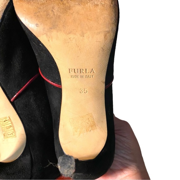Furla booties. Black suede with red leather trim. No flaws. Some minor wear. - Picture 8 of 10